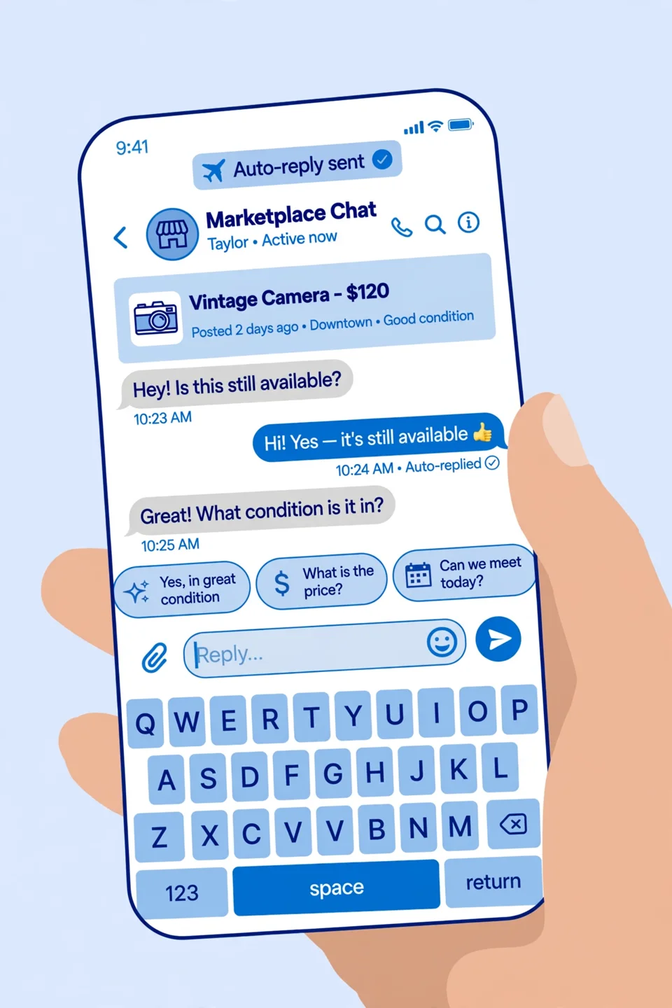 Hand holding a phone showing a Marketplace chat about a vintage camera, with an auto-reply confirming it is still available and suggested quick replies for condition, price and meeting today