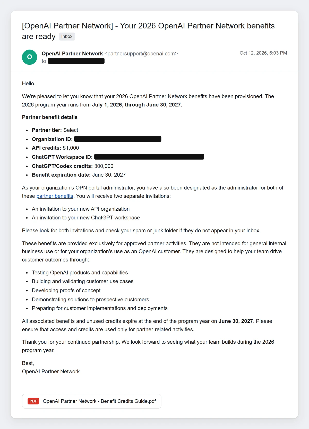 The OpenAI Partner Network email confirming Rex Automaton's 2026 Select tier benefits: $1,000 in API credits, 300,000 ChatGPT and Codex credits, and approved uses including developing proofs of concept and demonstrating solutions to prospective customers. Organization ID, workspace ID and recipient address are redacted.